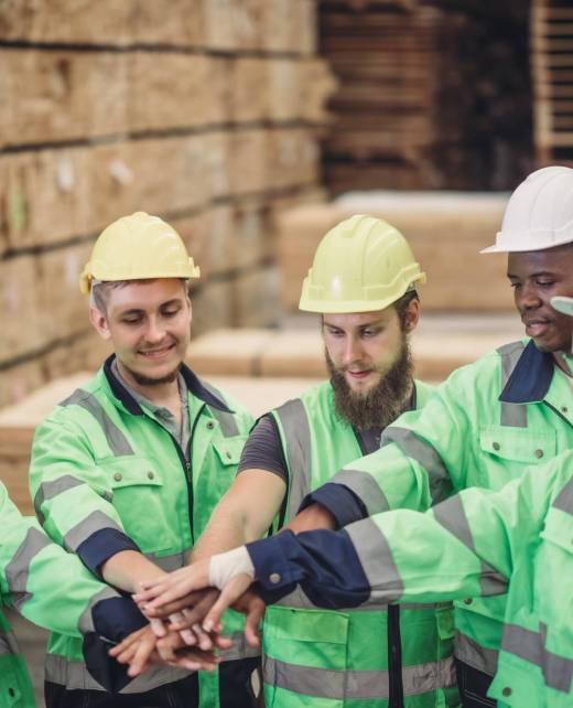 Shot of Wood Turners team building to measure, calculate right size of workpiece using hand and power tools. Cut, shape, rotate, smooth, balance wood fixtures based on requirements. Celebrate job done